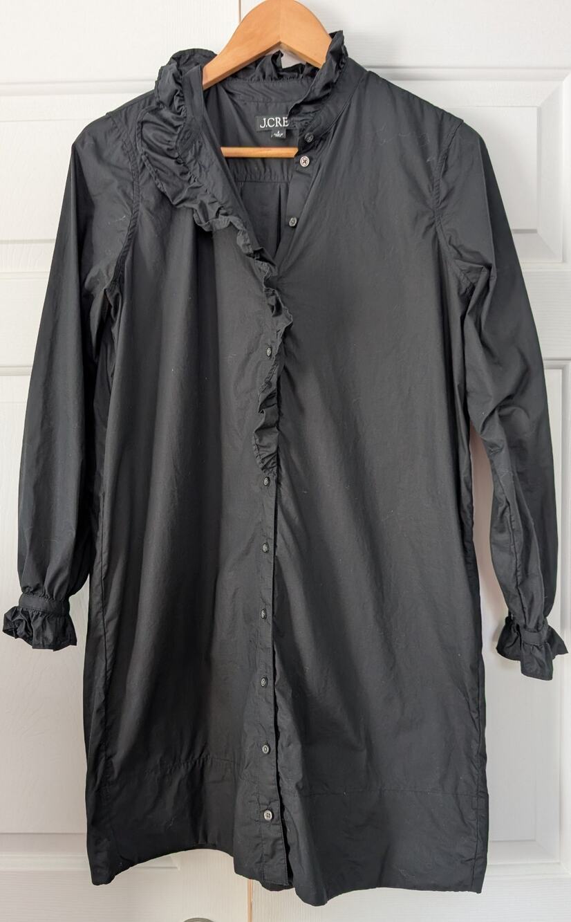 J. Crew Cottage Black Cotton Poplin Ruffle Shirt Dress